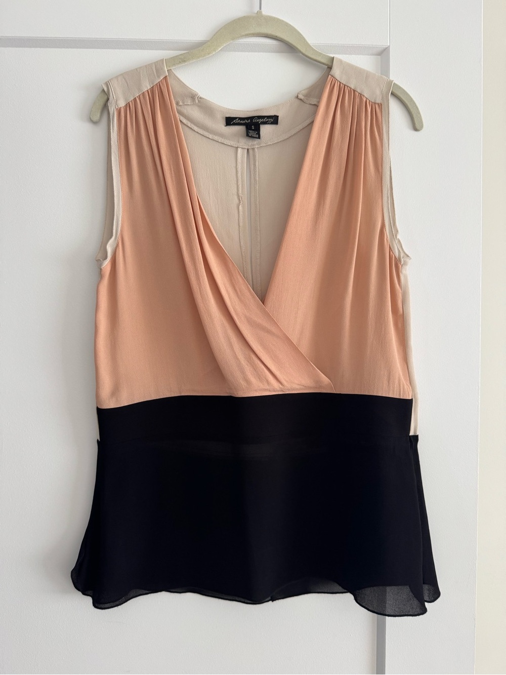 NWOT Sandra Angelozzi Peach, Black & Cream Sleeveless Surplice Blouse